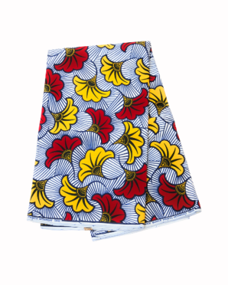 Tissu Wax - Motif Floral Rouge et Jaune sur Fond Bleu 100% coton