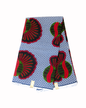 Tissu Wax – Motif Floral Rouge, Vert et Noir sur Fond Bleu 100% coton