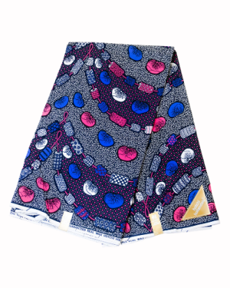 Tissu Wax – Motifs Géométriques et Fèves – Bleu, Rose et Violet (6 Yards) 100% coton
