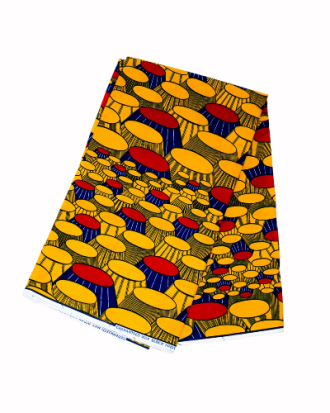 Tissu Wax – Motif Tambours Jaune, Rouge et Bleu 100% coton