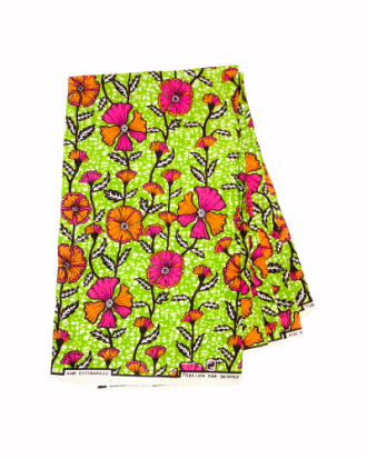 Tissu Wax à Motifs Floraux – Vert, Rose et Orange 6 yards 100% coton