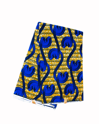 Tissu Wax Africain – Motif Ondulé Bleu et Doré 6 yards  100% coton