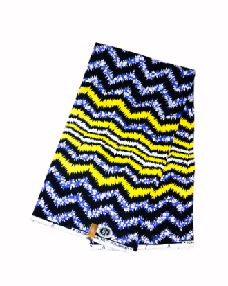 Tissu Wax Motif Zigzag Noir, Jaune et Bleu 6 yards 100% coton