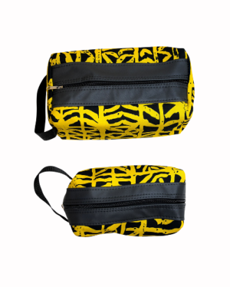 Trousse "Savane jaune et noir" en pièces et en wax