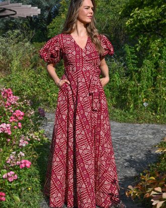 Robe portefeuille longue manche bouffante coupe ovale avec deux porches