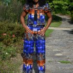 Ensemble pantalon et haut en wax géométrique bleu et orange