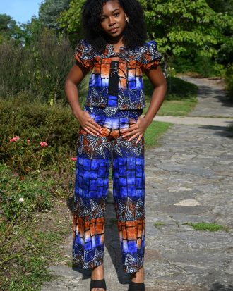 Ensemble pantalon et haut en wax géométrique bleu et orange